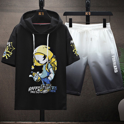 Meeste vabaaja komplekt kaheosalisest kapuutsiga pluusi ja lühikeste pükstega