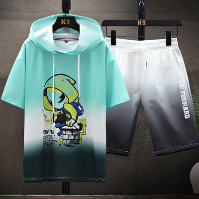 Meeste vabaaja komplekt kaheosalisest kapuutsiga pluusi ja lühikeste pükstega