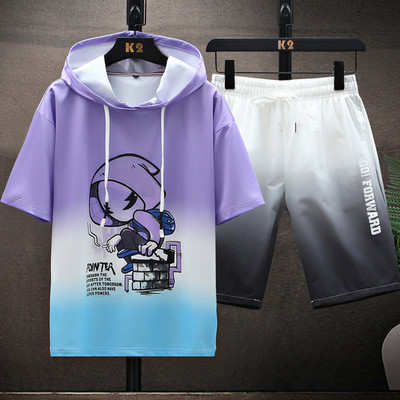 Meeste vabaaja komplekt kaheosalisest kapuutsiga pluusi ja lühikeste pükstega