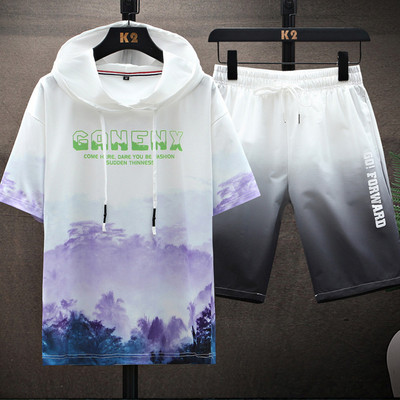 Meeste vabaaja komplekt kaheosalisest kapuutsiga pluusi ja lühikeste pükstega