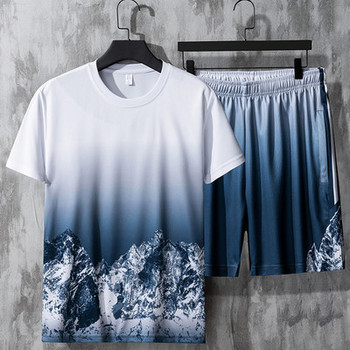 Ежедневен мъжки комплект от тениска и къси панталони в сив и син цвят