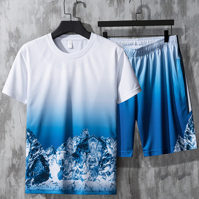 Meeste vabaaja komplekt T-särgist ja lühikestest pükstest halli ja sinise värviga