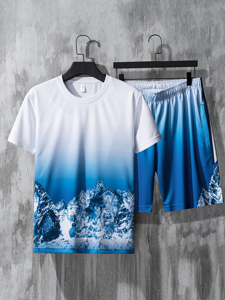 Meeste vabaaja komplekt T-särgist ja lühikestest pükstest halli ja sinise värviga