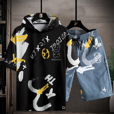 Sportsko-casual muški komplet od dva dijela majice s kapuljačom i kratkih hlačica