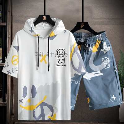 Sportsko-casual muški komplet od dva dijela majice s kapuljačom i kratkih hlačica