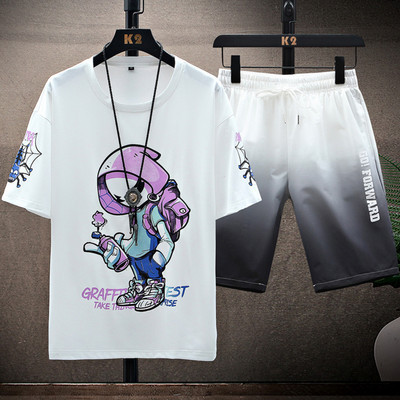 Ikdienas vīriešu T-kreklu komplekts ar ovālu kakla izgriezumu un šortiem