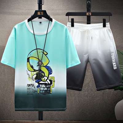 Ikdienas vīriešu T-kreklu komplekts ar ovālu kakla izgriezumu un šortiem