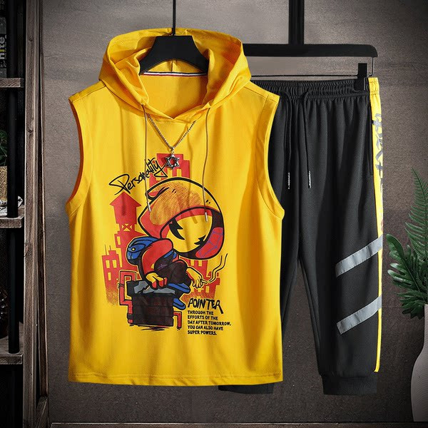 Uue mudeli suvine komplekt kaheosalisest kapuutsiga ja pükstega meestele