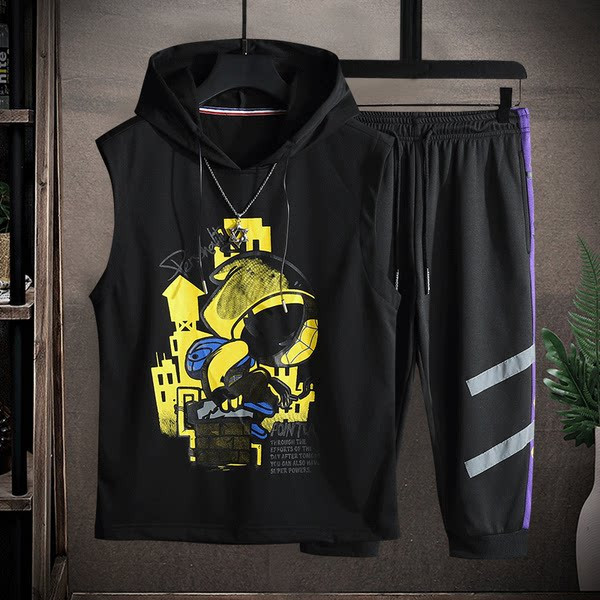 Uue mudeli suvine komplekt kaheosalisest kapuutsiga ja pükstega meestele