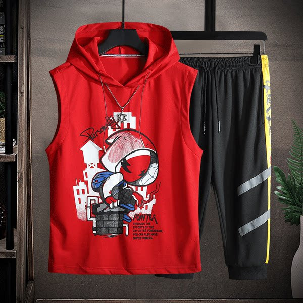 Uue mudeli suvine komplekt kaheosalisest kapuutsiga ja pükstega meestele