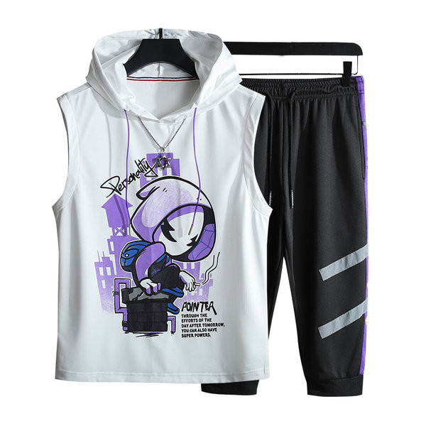 Uue mudeli suvine komplekt kaheosalisest kapuutsiga ja pükstega meestele