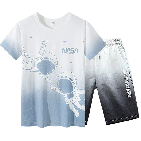 Ikdienas vīriešu T-kreklu komplekts ar ovālu kakla izgriezumu un šorti ar apdruku