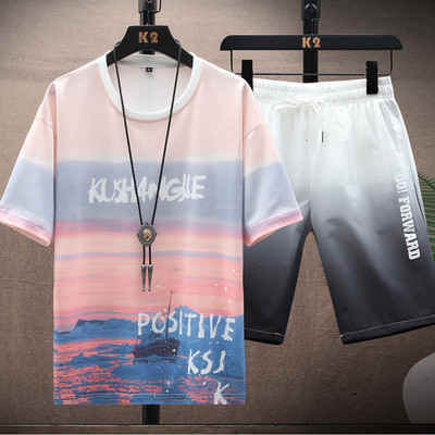 Igapäevane meestemeeskond kaheosaline T-särk kirjade ja lühikeste pükstega