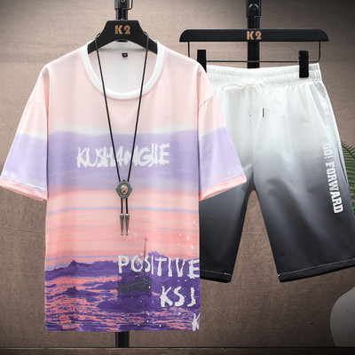 Igapäevane meestemeeskond kaheosaline T-särk kirjade ja lühikeste pükstega