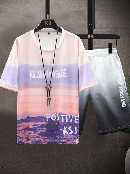 Igapäevane meestemeeskond kaheosaline T-särk kirjade ja lühikeste pükstega