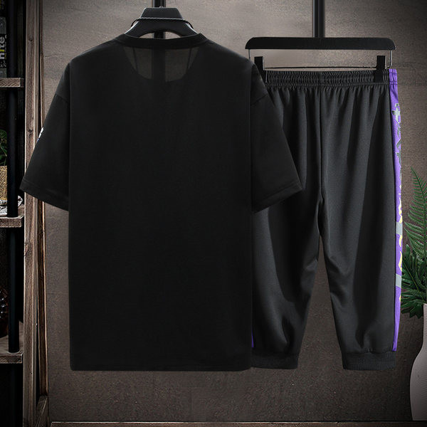 Ανδρικό αθλητικό καθημερινό σετ  με δύο μέρη - μπλουζάκι με οβάλ λαιμόκοψη και 7/8 παντελόνι