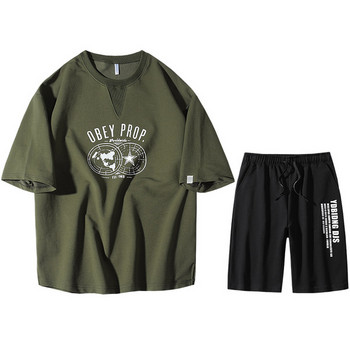 Спортно-ежедневен мъжки комплект от тениска с апликация и къс панталон