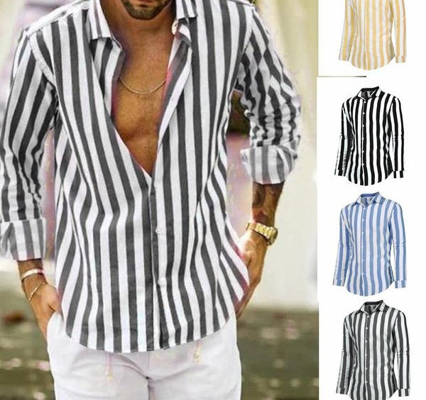 Jauna modeļa vīriešu svītrains krekls ar apkakli un garām piedurknēm