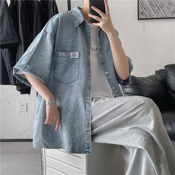 Vasaras džinsa krekls vīriešiem ar kabatām