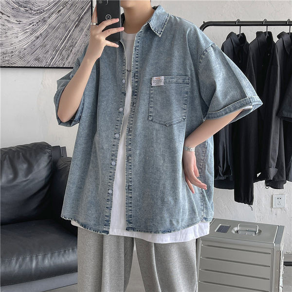 Vasaras džinsa krekls vīriešiem ar kabatām