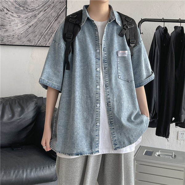 Vasaras džinsa krekls vīriešiem ar kabatām