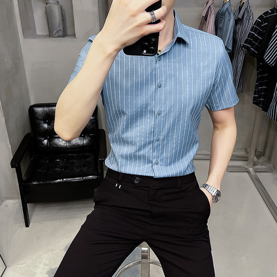 Triibuline meeste särk lühikeste varrukate ja nööpidega mitmes värvitoonis