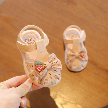 Детски ежедневни сандали с панделка и лепенки в бял и розов цвят 