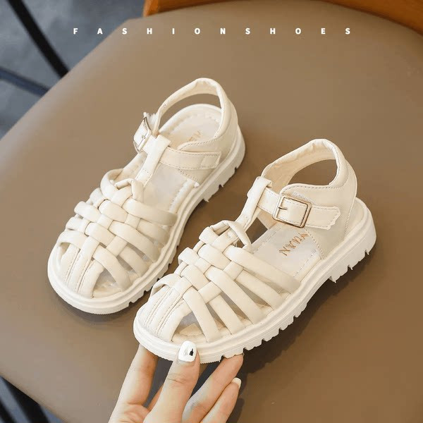 Παιδικά έκο δερμάτινα σανδάλια από μπεζ και μαύρο χρώμα