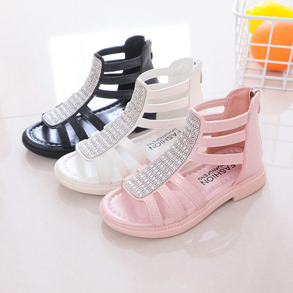 Romiešu stila bērnu sandales ar akmeņiem un rāvējslēdzēju