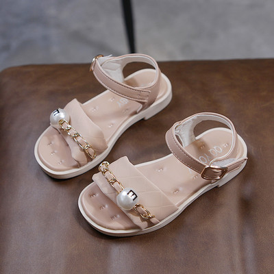 Nahast laste sandaalid metallist keti ja pärliga