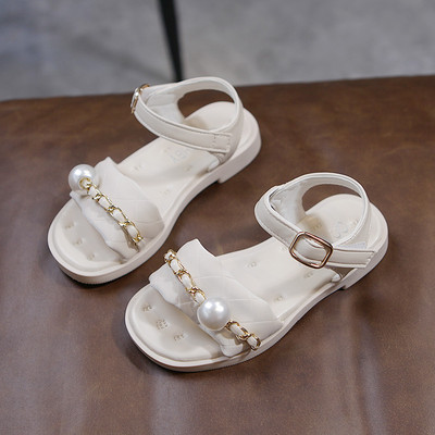 Nahast laste sandaalid metallist keti ja pärliga