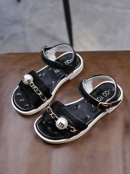 Nahast laste sandaalid metallist keti ja pärliga