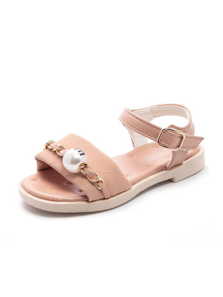 Nahast laste sandaalid metallist keti ja pärliga