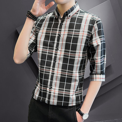 Карирана мъжка риза  с 3/4 ръкав и класическа яка