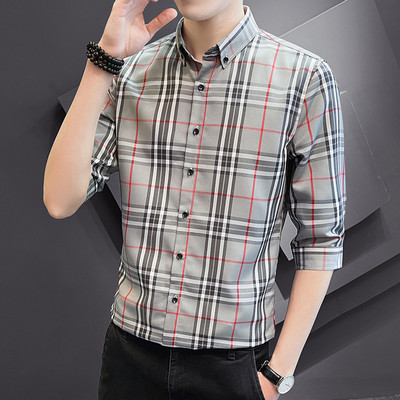 Карирана мъжка риза  с 3/4 ръкав и класическа яка