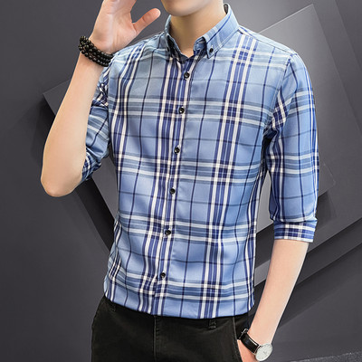 Карирана мъжка риза  с 3/4 ръкав и класическа яка