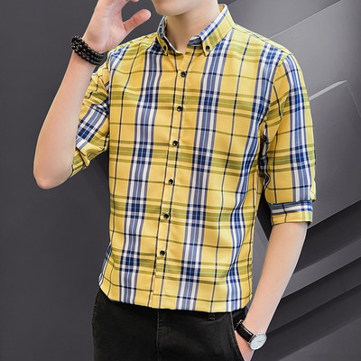 Карирана мъжка риза  с 3/4 ръкав и класическа яка