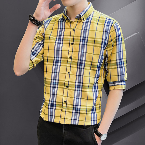 Карирана мъжка риза  с 3/4 ръкав и класическа яка