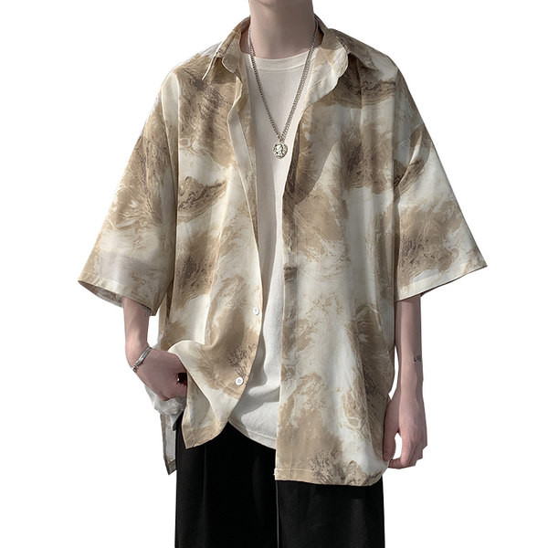 Свободна мъжка риза с 3/4 ръкав и класическа яка