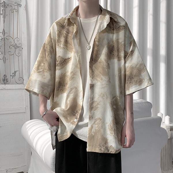 Свободна мъжка риза с 3/4 ръкав и класическа яка