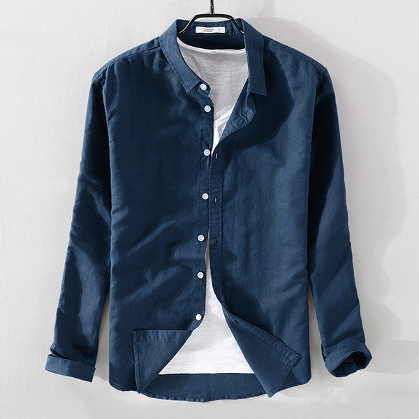 Ленена риза изчистен модел с подвиващи се ръкави и класическа яка