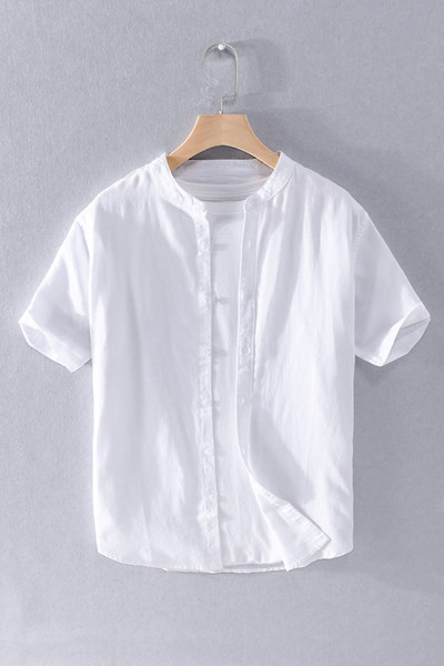 Мъжка ленена риза с къс ръкав и обло деколте