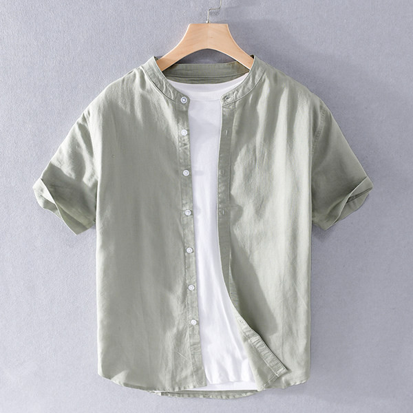 Мъжка ленена риза с къс ръкав и обло деколте