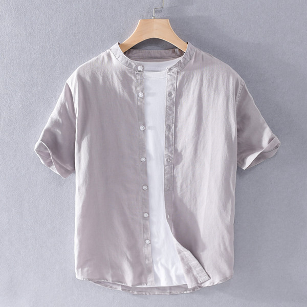 Мъжка ленена риза с къс ръкав и обло деколте