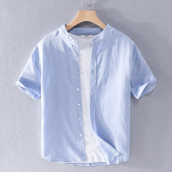 Мъжка ленена риза с къс ръкав и обло деколте