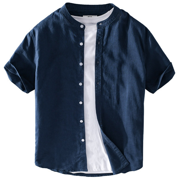 Мъжка ленена риза с къс ръкав и обло деколте