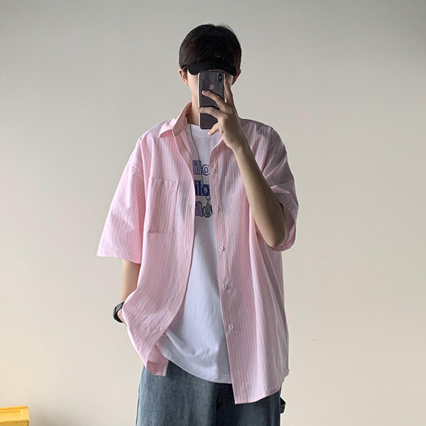 Мъжка раирана риза с къс ръкав и класическа яка