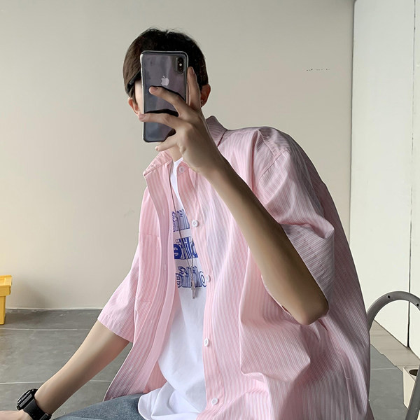 Мъжка раирана риза с къс ръкав и класическа яка