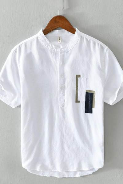 Мъжка лятна риза с къс ръкав и ниска яка