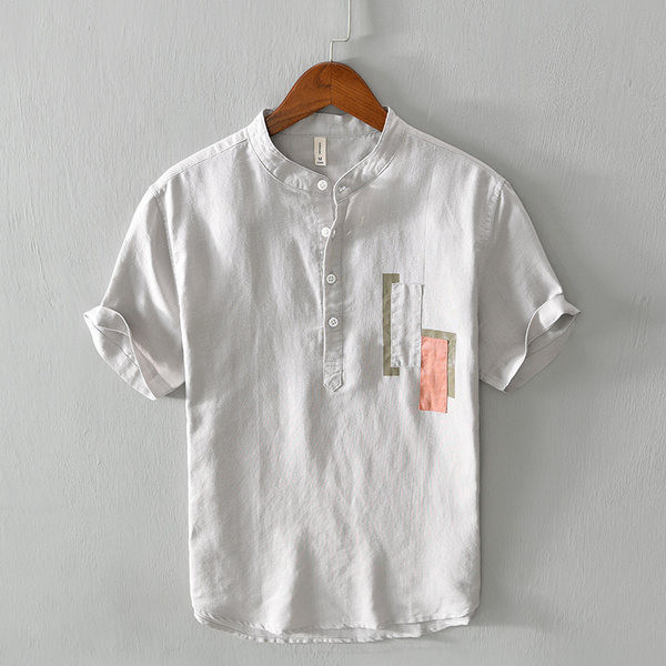 Мъжка лятна риза с къс ръкав и ниска яка